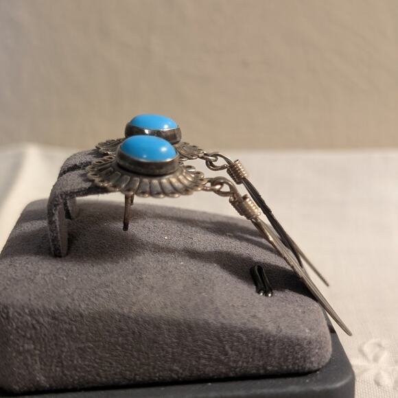 Vintage Signed QT Sterling Turquoise Feather Dangle Pierced Earrings - Picture 2 of 6